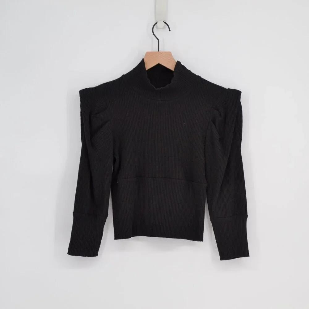 Free People Lala Puff Sleeve Cropped Top Black Women's M Ribbed Knit Turtleneck